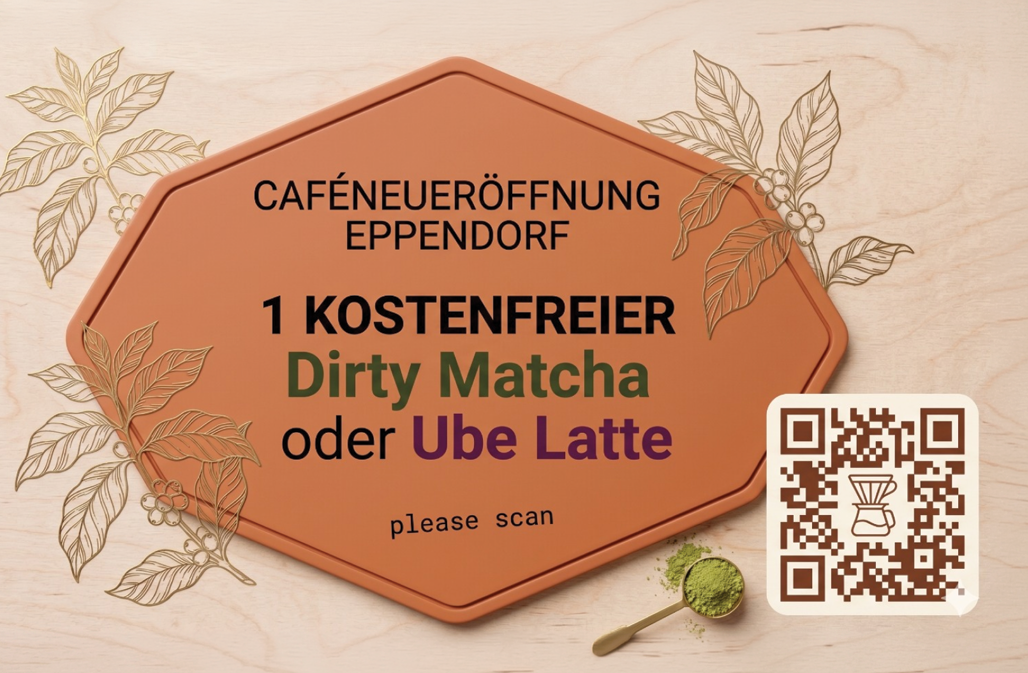 Sticker: café-opening design offering a free Dirty Matcha or Ube Latte in Eppendorf, with a tracking QR code.