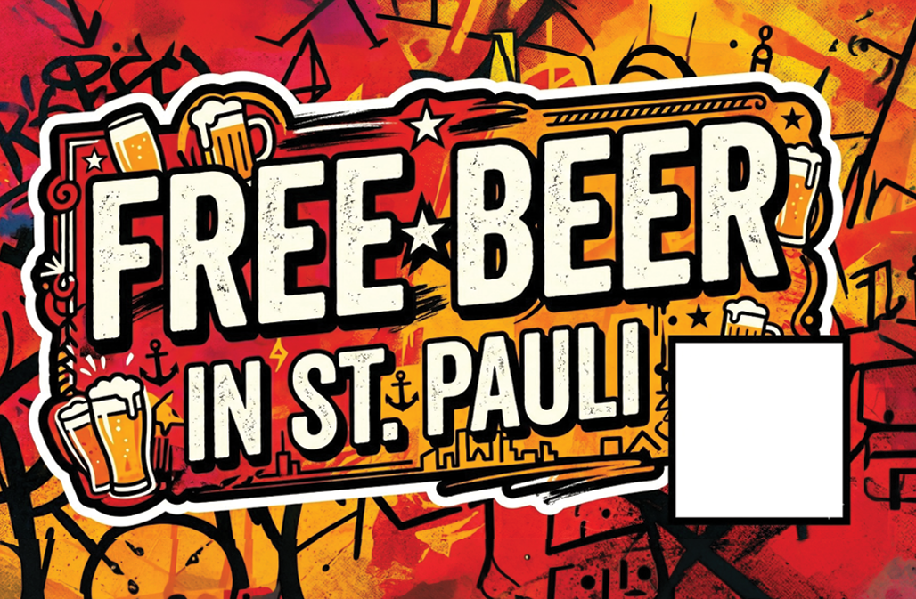 Sticker: graffiti-style 'Free Beer in St. Pauli' with beer mugs and a tracking QR code.
